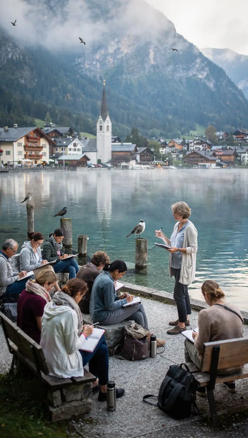 Eine Gruppe von Lernenden, die an einem Workshop für kreatives Schreiben teilnehmen und Notizen machen.