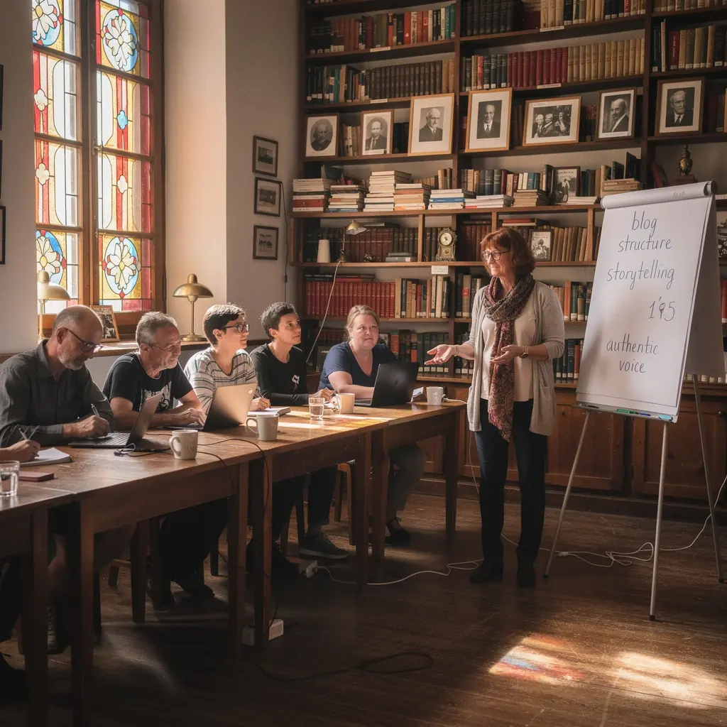 Eine Gruppe von Lernenden, die an einem Workshop für kreatives Schreiben teilnehmen und Notizen machen.