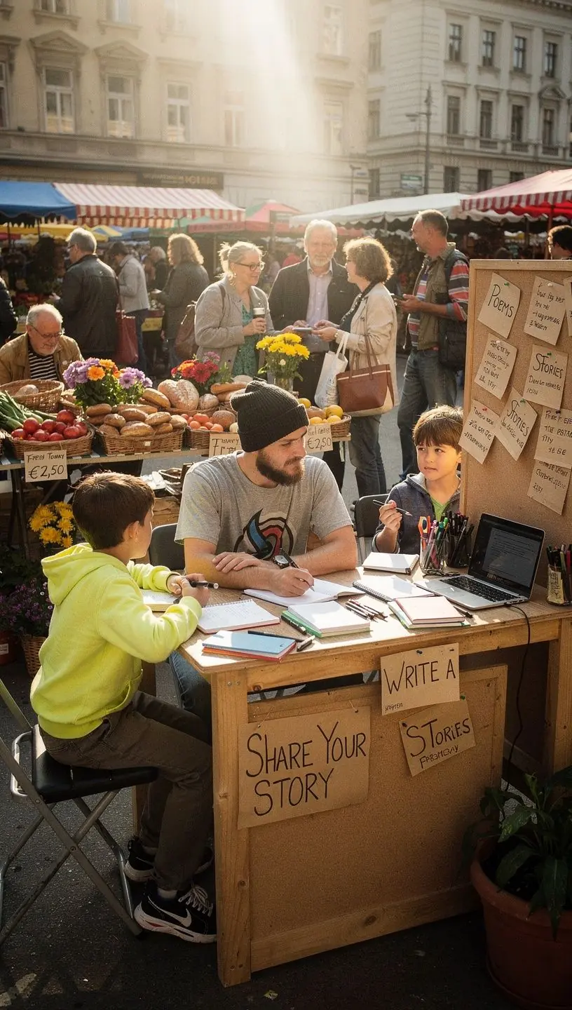 Eine Gruppe von Lernenden, die an einem Workshop für kreatives Schreiben teilnehmen und Notizen machen.