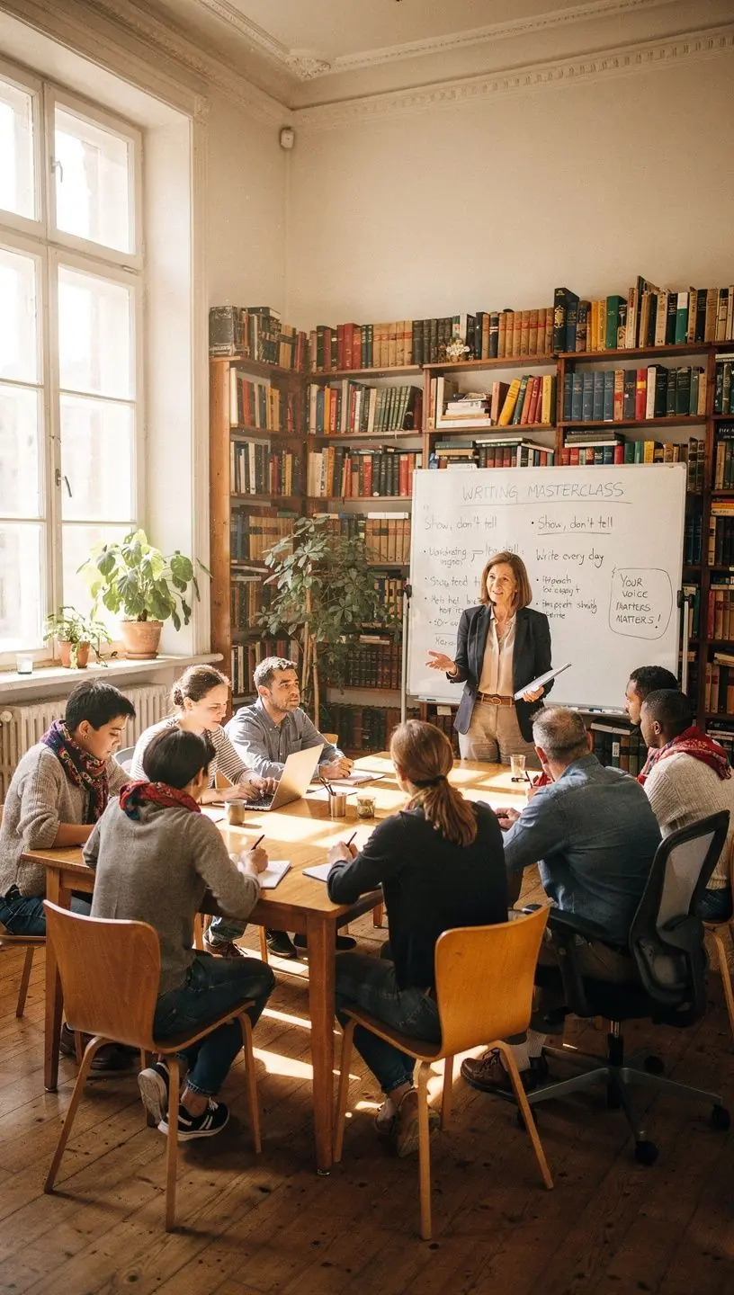 Ein Schreibraum mit einem offenen Notizbuch, einem Laptop und einer Tasse Kaffee auf einem Tisch.